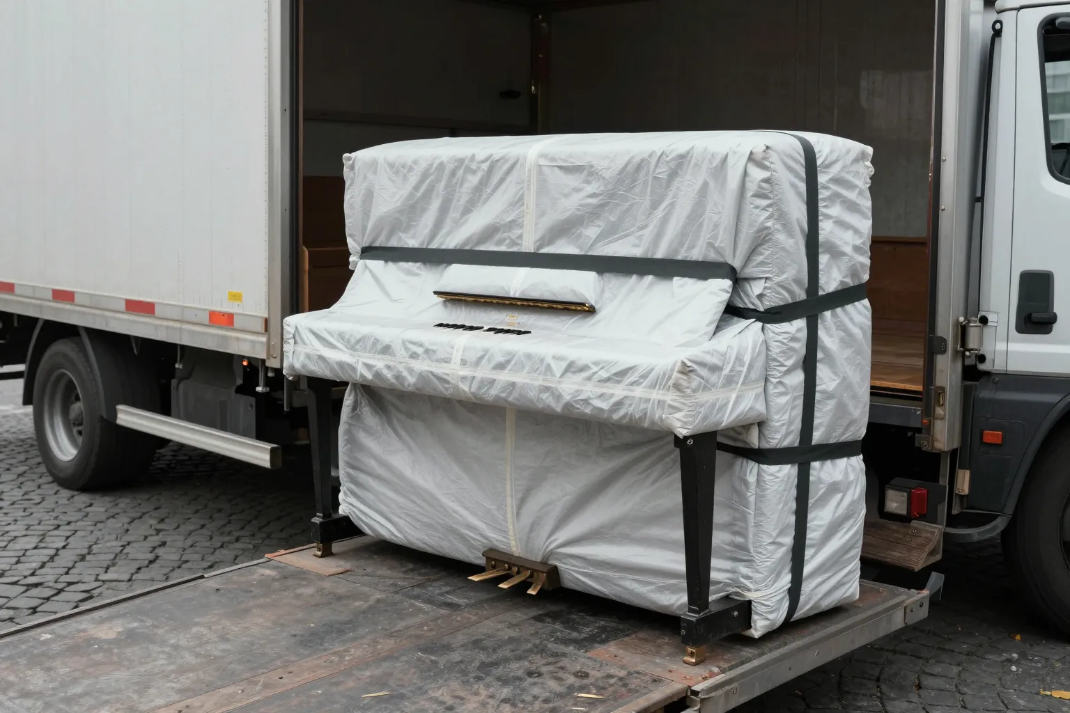 In Decken verpacktes Klavier mit Spanngurten auf einer Ladebordwand